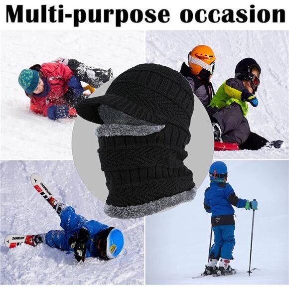 Kids Winter Knit Beanie Balaclava Hat Thermal Ski Mask Cap, Black - Picture 6 of 6